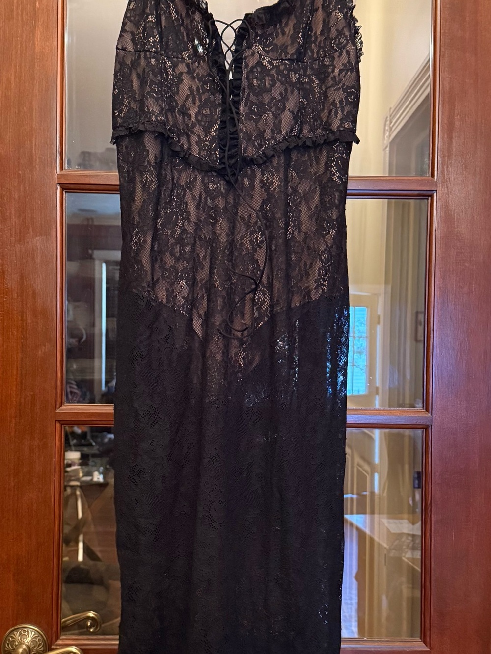For Love & Lemons Black Strapless Lace Midi Dress